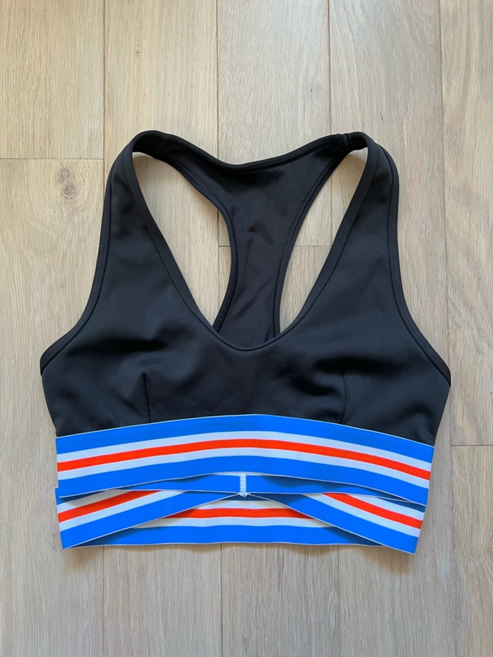 P.E Nation Black Racerback Sports Bra Top Blue & Red Striped Band